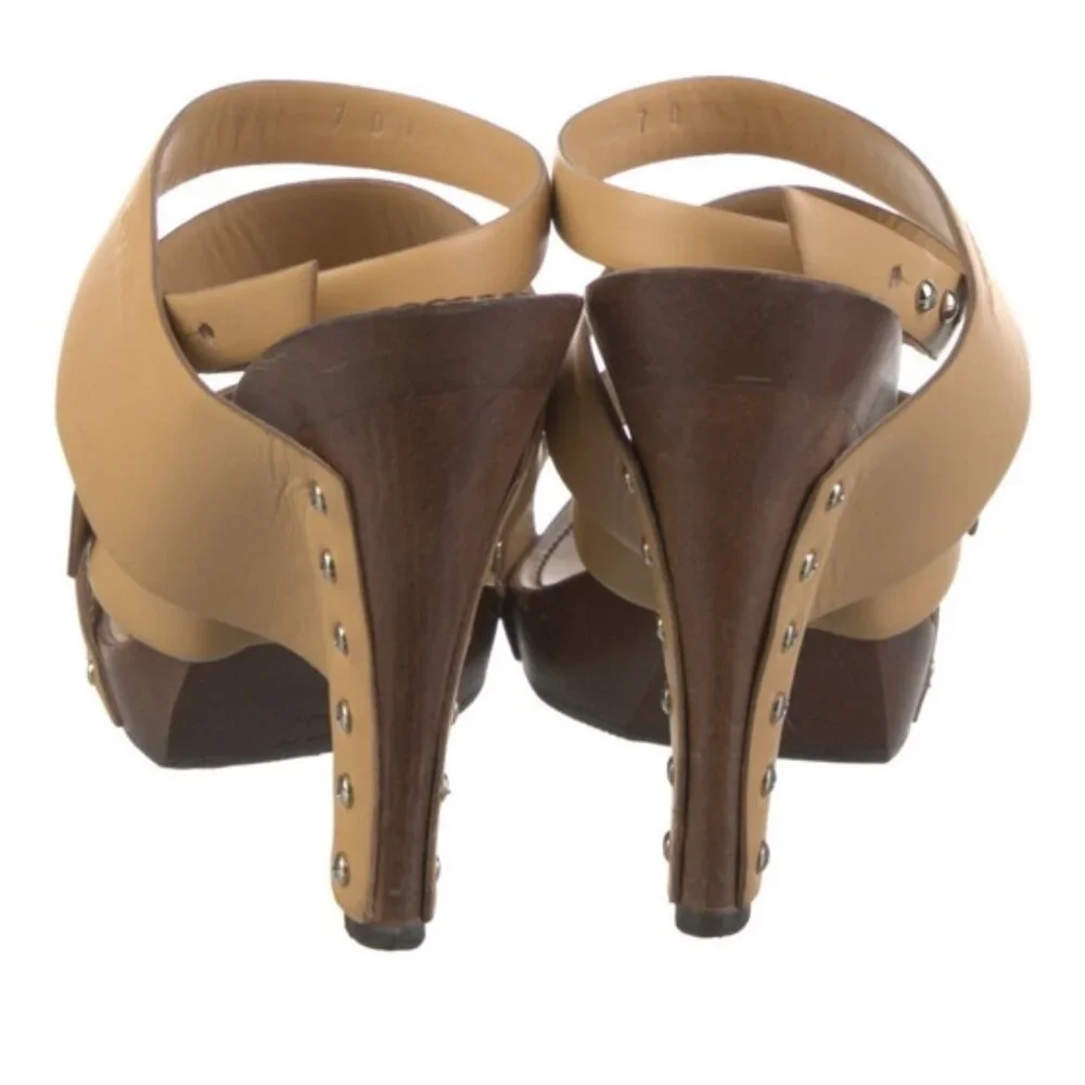 CHANEL Studded Strappy Sandals Shoes Camel Beige Nude Heels 37 6.5 HOST PICK x2